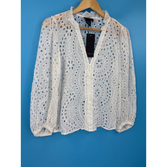 Liv Los Angeles Eyelet Long Sleeve Button Blouse V-Neck Boho White Medium NEW - Picture 2 of 5
